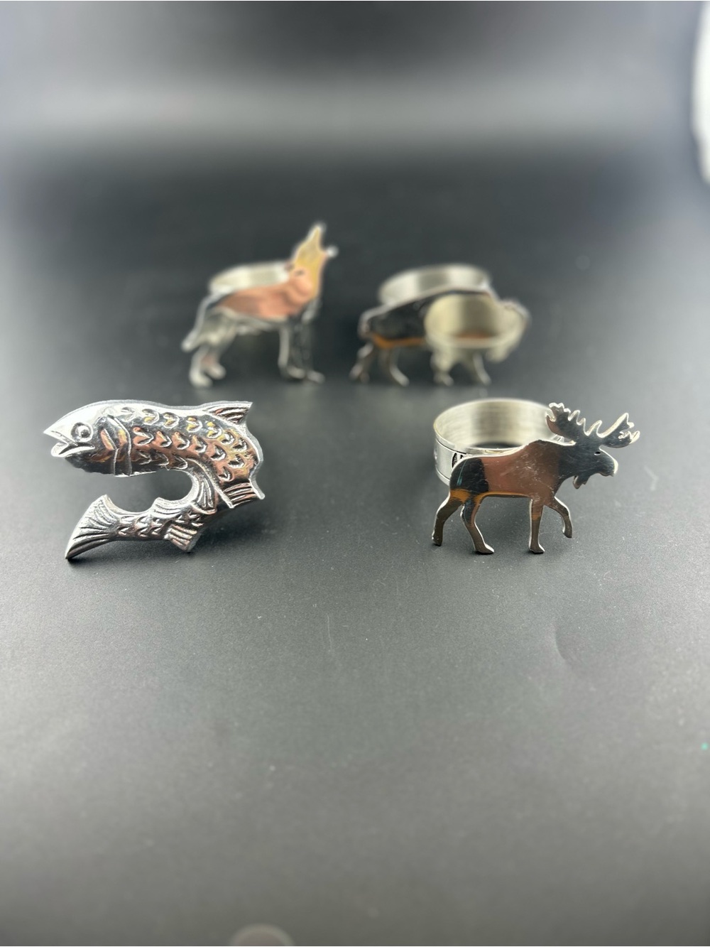 VTG SILVER METAL Wildlife Napkin Rings Set of 4 Moose Fish Wolf Bear